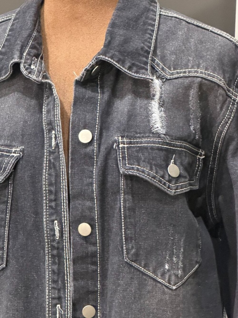 Black Distressed Button‑Up Jean Jacket — Excellent Condition - Picture 2 of 11